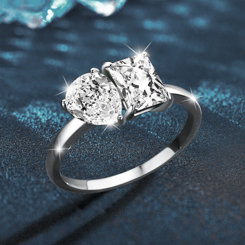 Cross-border jewelry moissanite double stone ring for women 925 pure silver square drop exaggerated ring European and American silver jewelry wholesale
