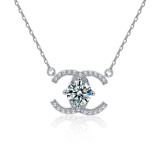 Cross-border New 925 Sterling Silver Necklace Chanel Style Double C Clavicle Chain Moissanite Pendant 1 Carat D Color
