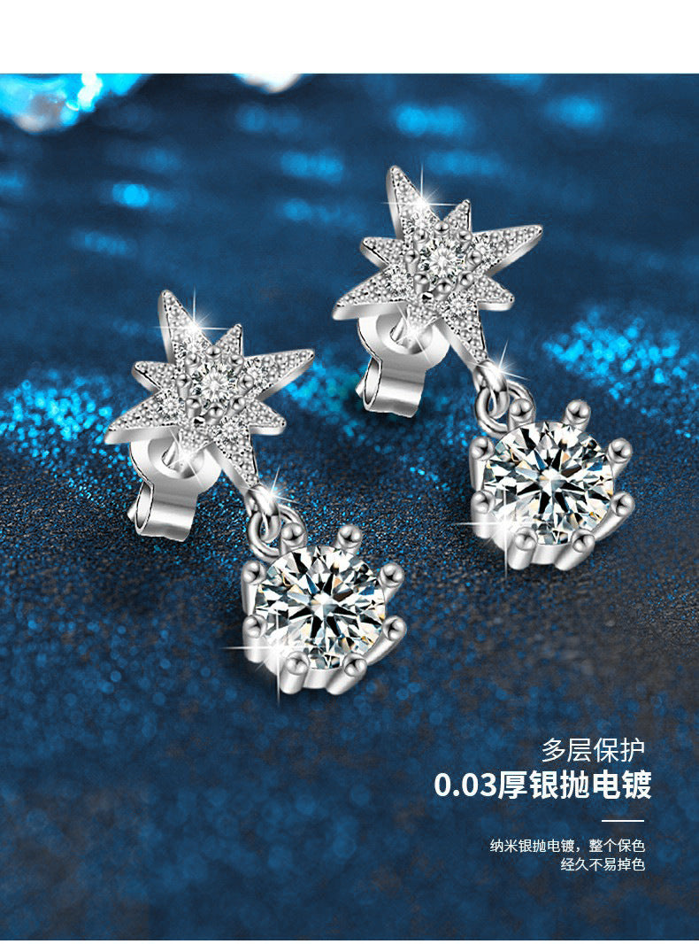 Moissanite Star of David Earrings S925 Sterling Silver Women's Minimalist High-End Tassel Silver Jewelry