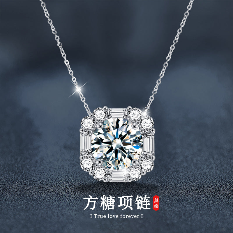 S925 Sterling Silver Sugar Cube Necklace, Designer Moissanite Pendant, Autumn/Winter Jewelry, Cross-border European and American Fashion Clavicle Chain