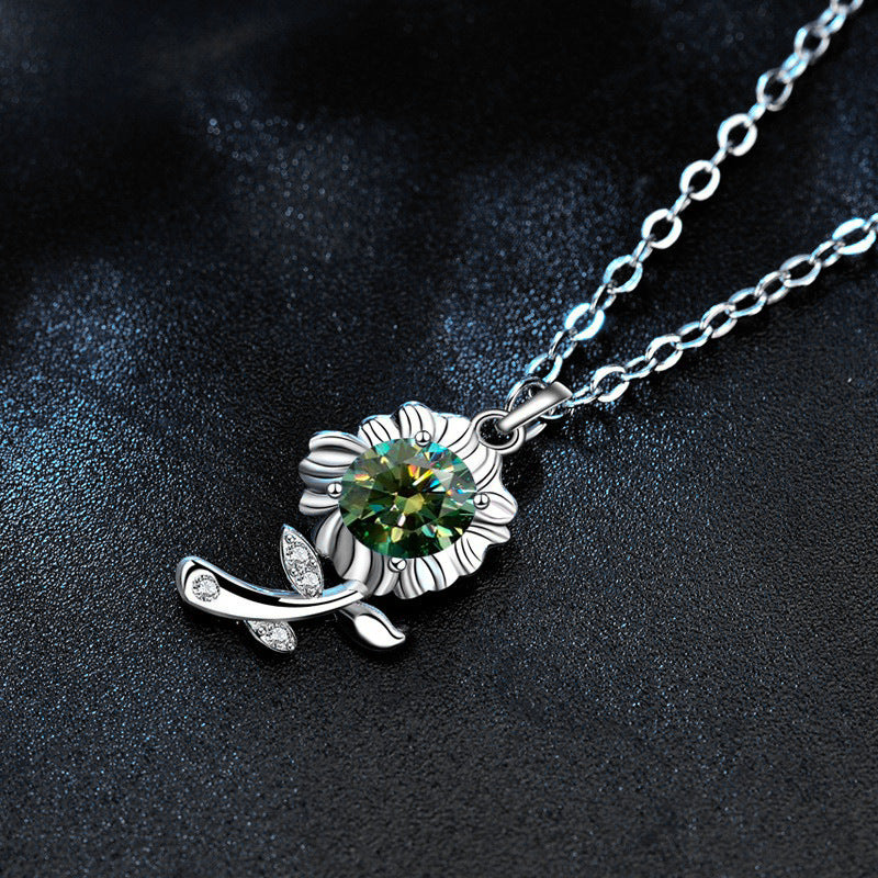Original 925 Sterling Silver Necklace Green Moissanite Sunflower Pendant Necklace Valentine's Day Gift