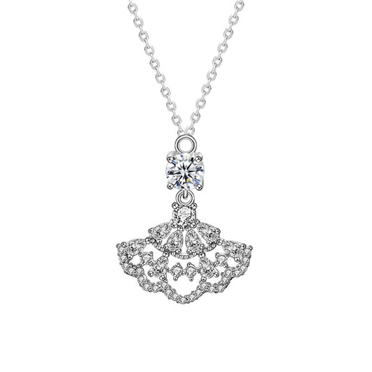 Moissanite small dress necklace for women, 925 pure silver full diamond fan pendant, unique design accessory, collar accessory