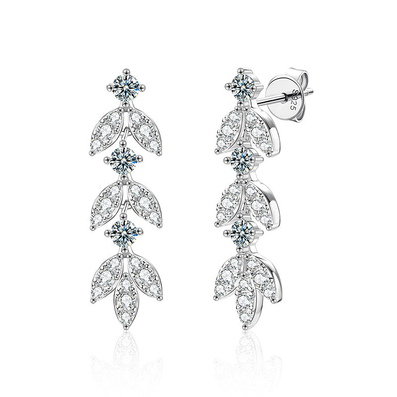 Cross-border Moissanite Leaf Tassel Earrings s925 Silver Earrings Sterling Silver High-end 2024 New Earrings Jewelry