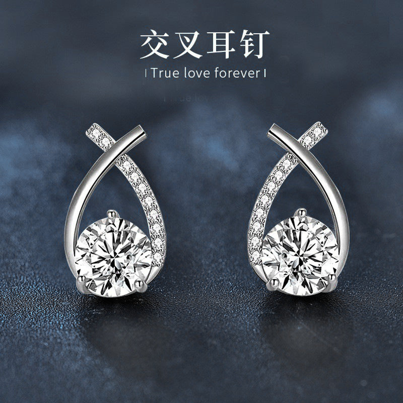 Moissanite 925 Sterling Silver Earrings Wholesale for Girls, Trendy Fish Tail Cross Earrings, Versatile Earrings with Certificate