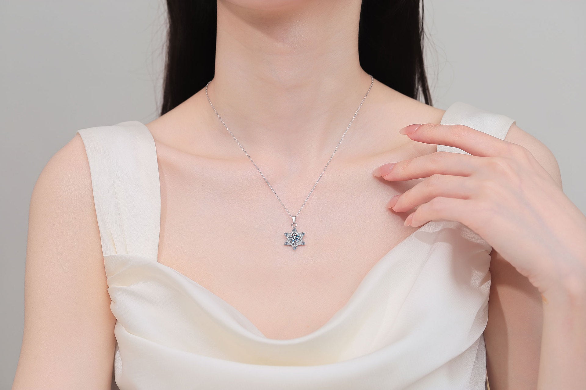 S925純銀莫桑石雪花六芒星項鏈