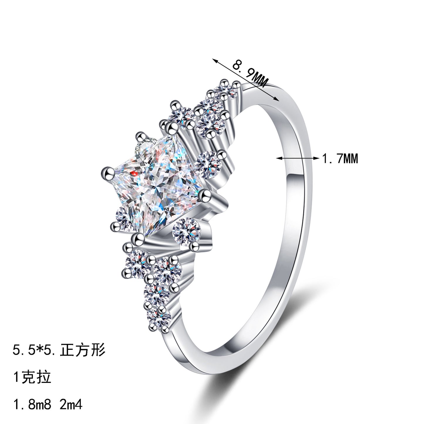 S925純銀正方形莫桑石戒指