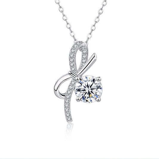 S925 Sterling Silver Luxury Bow Pendant Moissanite Necklace for Women, Unique Design, High-end Style, Cross-border Accessories