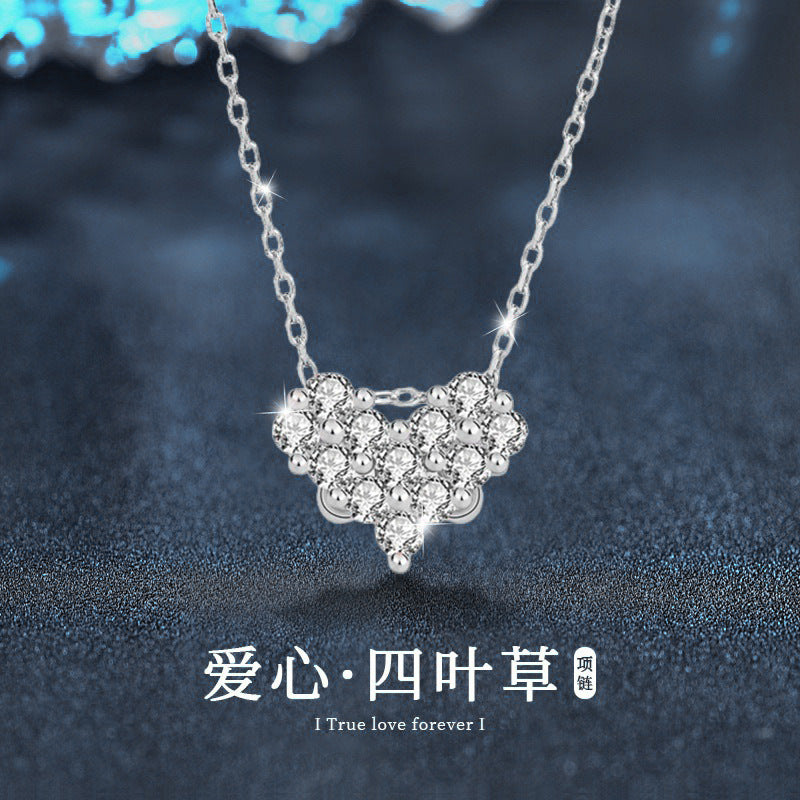 925 Sterling Silver Heart Necklace for Women, Sweet and Cool Style, Spliced Zircon Inlay, One Necklace with Two Ways to Wear, Four-Leaf Clover Necklace, Clavicle Chain