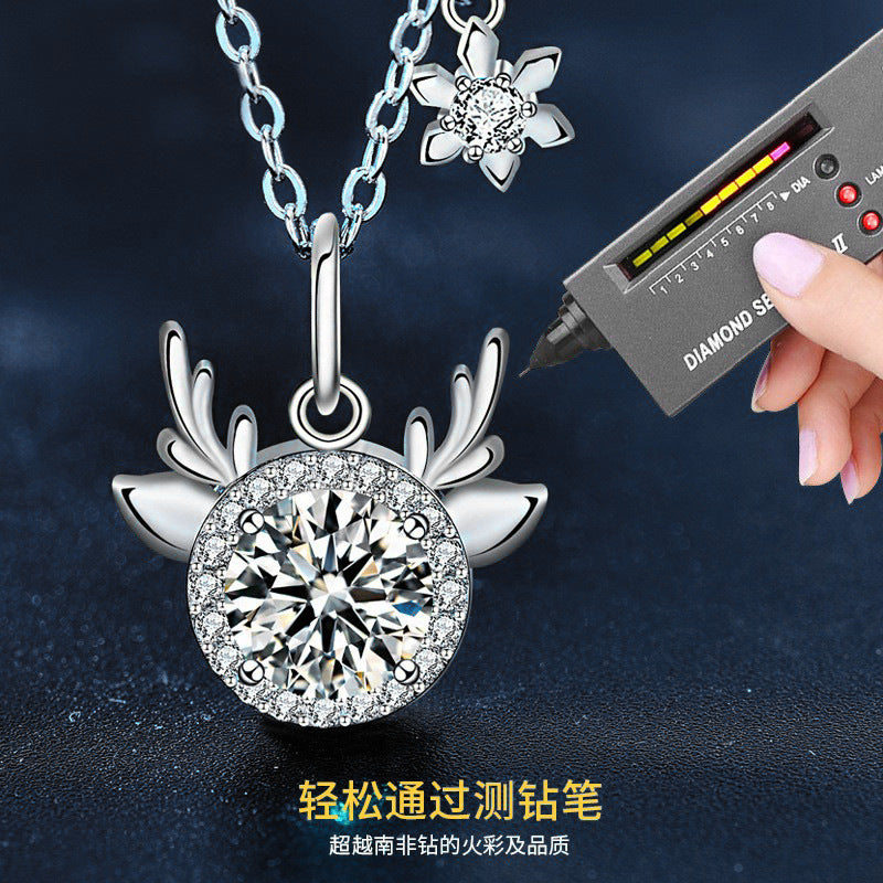 Original Moissanite 925 Sterling Silver "One Deer, You Are Here" Necklace, Exquisite Deer Pendant with Antlers, Cross-border Christmas Ornament
