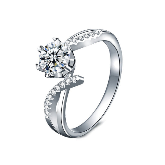 S925 Silver Moissanite Six-Claw Ring Light Luxury High-End Twisted Shank Ring Eight Hearts and Arrows Simulated Diamond Jewelry