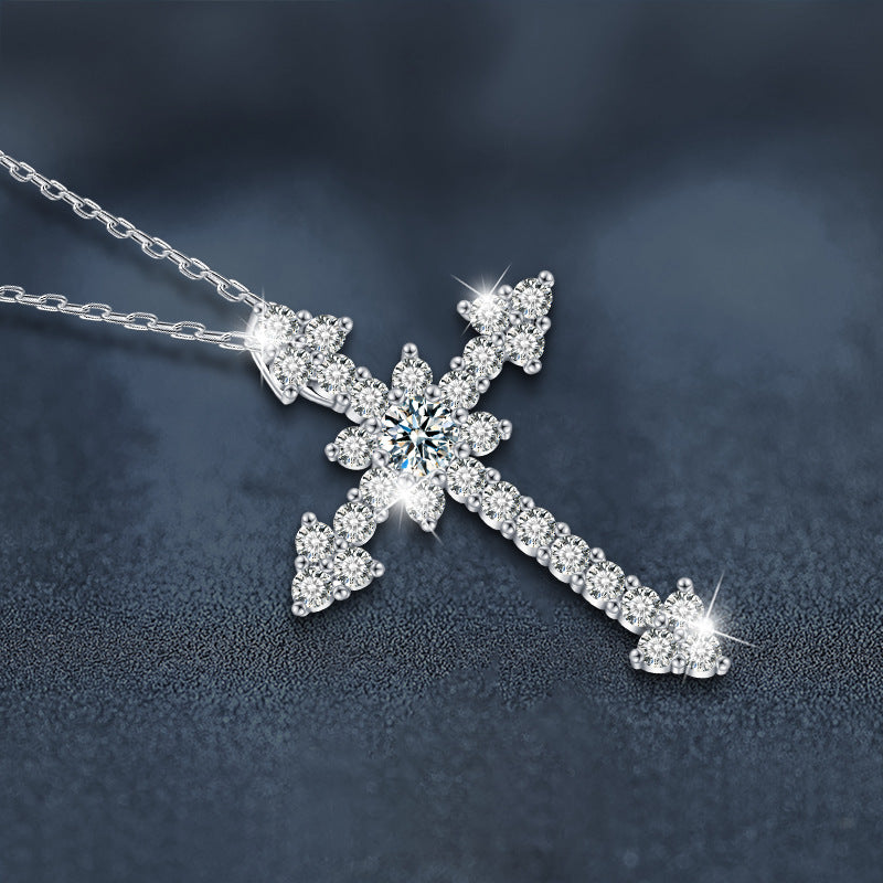 Cross-border jewelry, Moissanite S925 Sterling Silver Full Set Cross Necklace Pendant, European and American Exaggerated Moissanite Agate