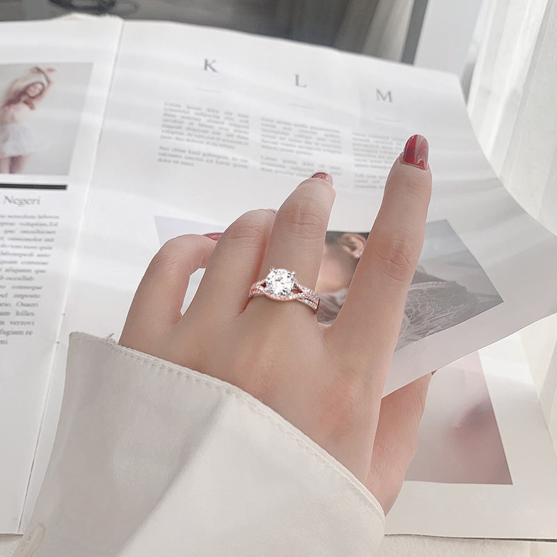 Moissanite Ring Jewelry, Bold and Unique, Split Two-Color Diamond Ring, 925 Sterling Silver, INS Style Ring