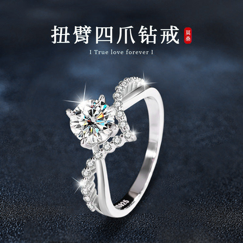925 Silver Twisted Arm Four Claw Ring, Women's Unique High-End Simple Anti-Tarnish Moissanite Closed Ring Jewelry Item