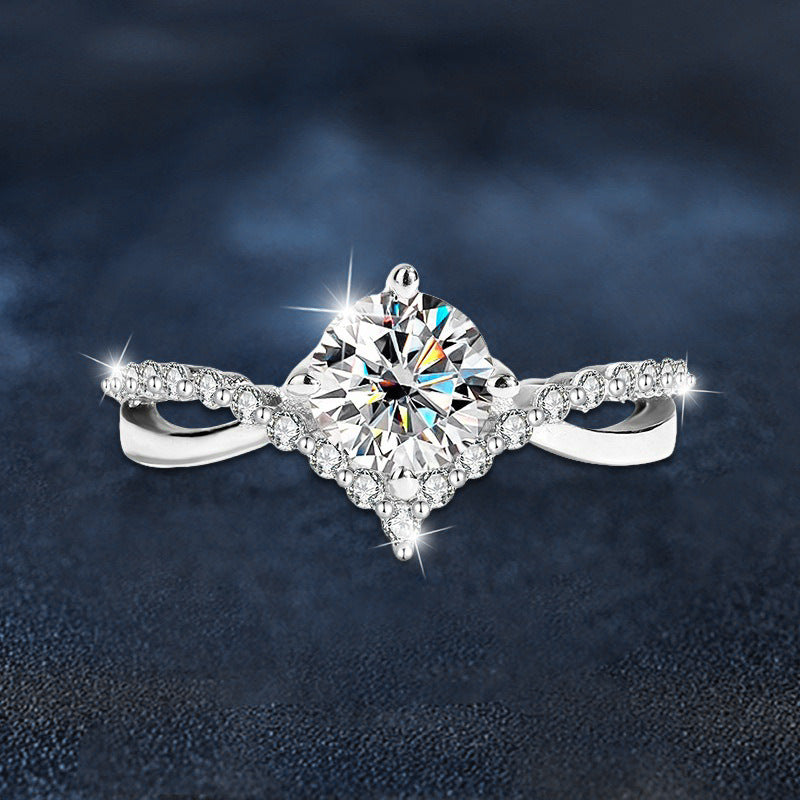 925 Silver Twisted Arm Four Claw Ring, Women's Unique High-End Simple Anti-Tarnish Moissanite Closed Ring Jewelry Item