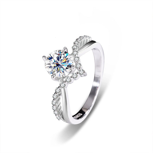 925 Silver Twisted Arm Four Claw Ring, Women's Unique High-End Simple Anti-Tarnish Moissanite Closed Ring Jewelry Item