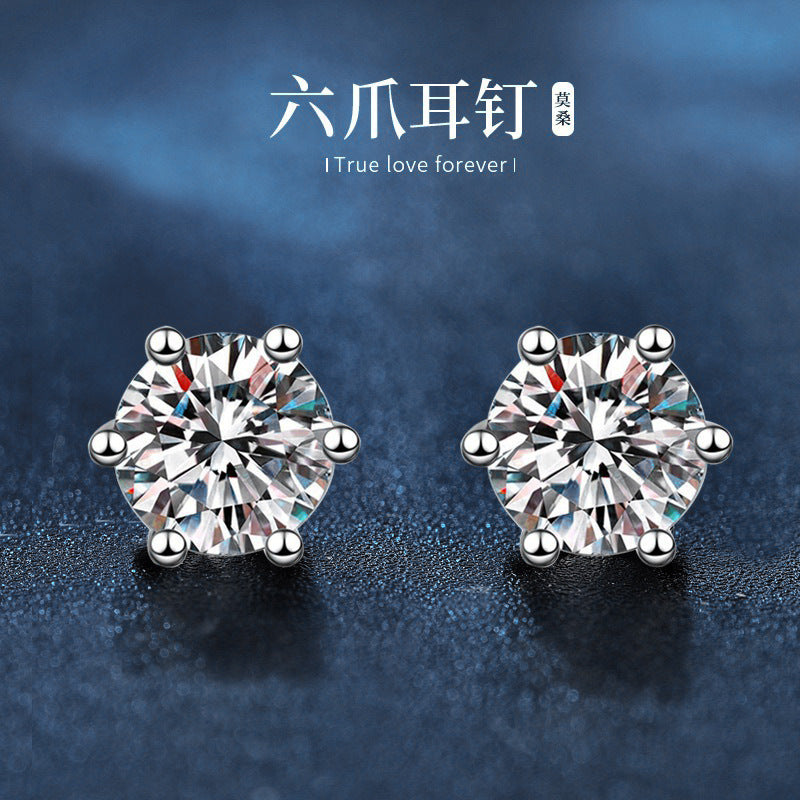 跨境爆款莫桑石时尚气质风经典六爪耳钉女925纯银镀金耳饰品