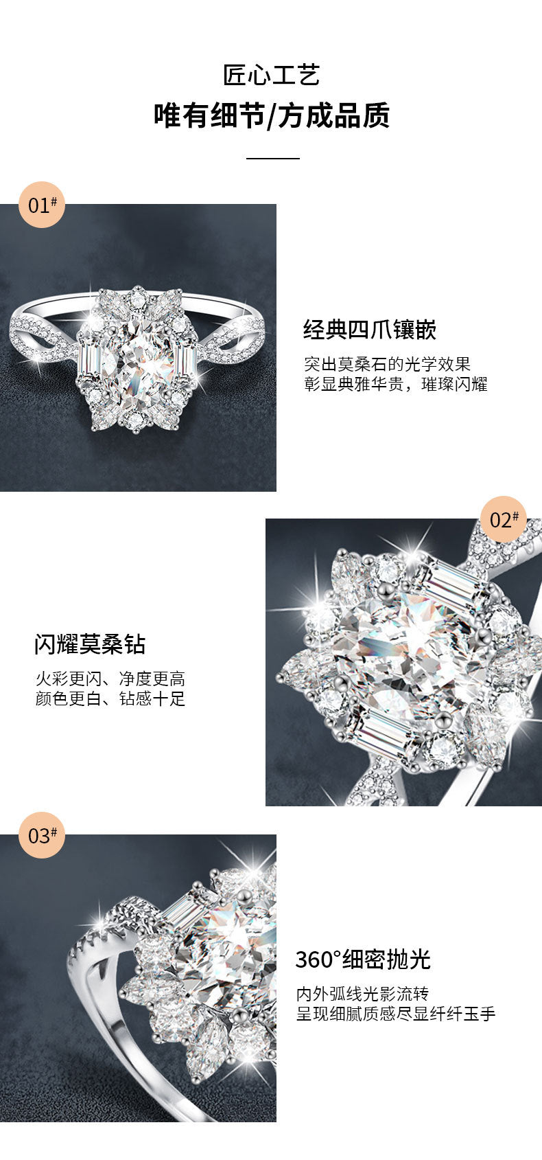 莫桑钻戒指女925纯银椭圆鸽子蛋克拉仿真钻戒白金色跨境饰品