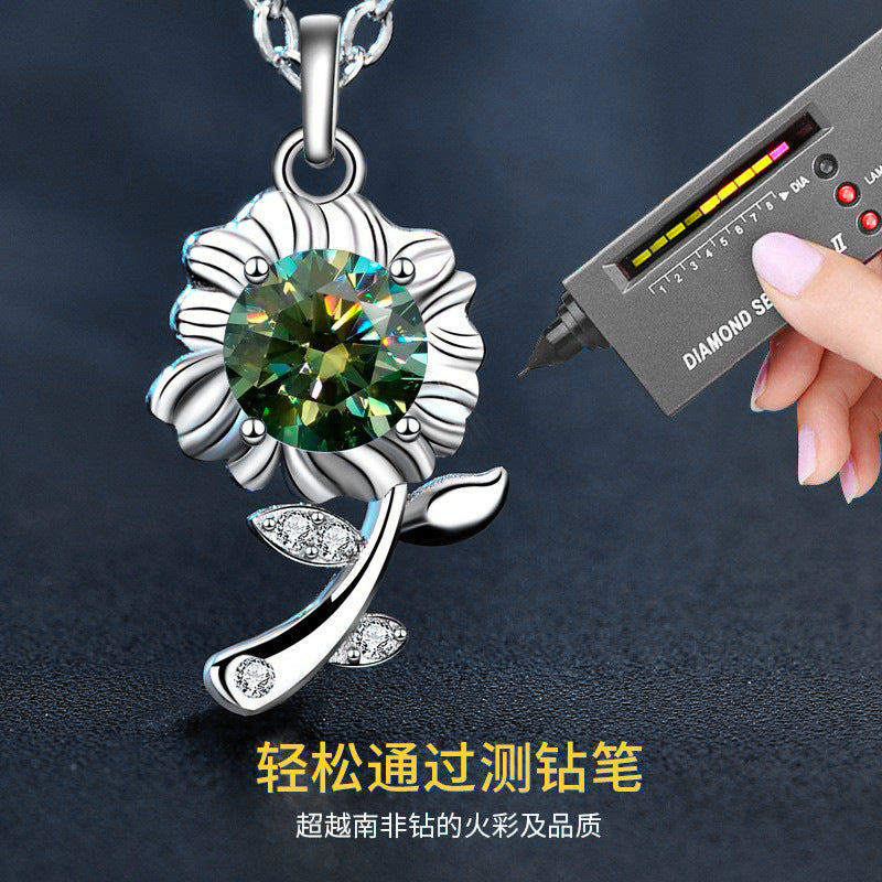 Original 925 Sterling Silver Necklace Green Moissanite Sunflower Pendant Necklace Valentine's Day Gift