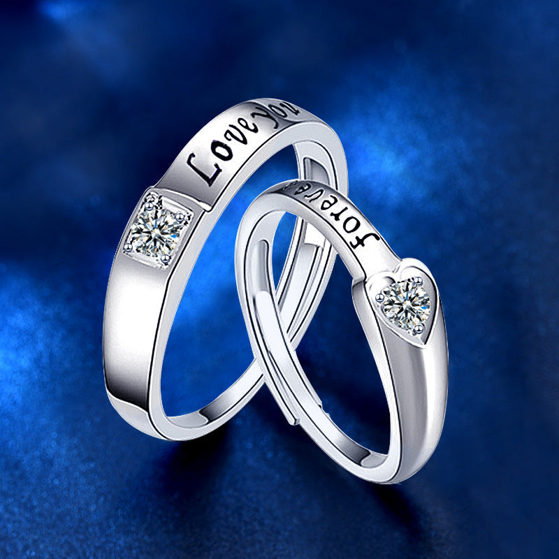 Love couple ring 925 pure silver pair oxidized vintage letter couple ring fashionable zircon open ring accessory