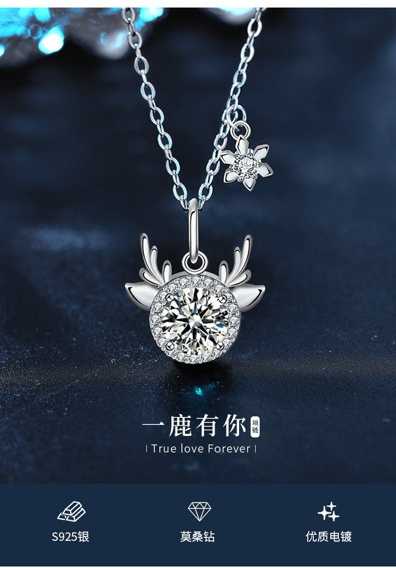 Original Moissanite 925 Sterling Silver "One Deer, You Are Here" Necklace, Exquisite Deer Pendant with Antlers, Cross-border Christmas Ornament