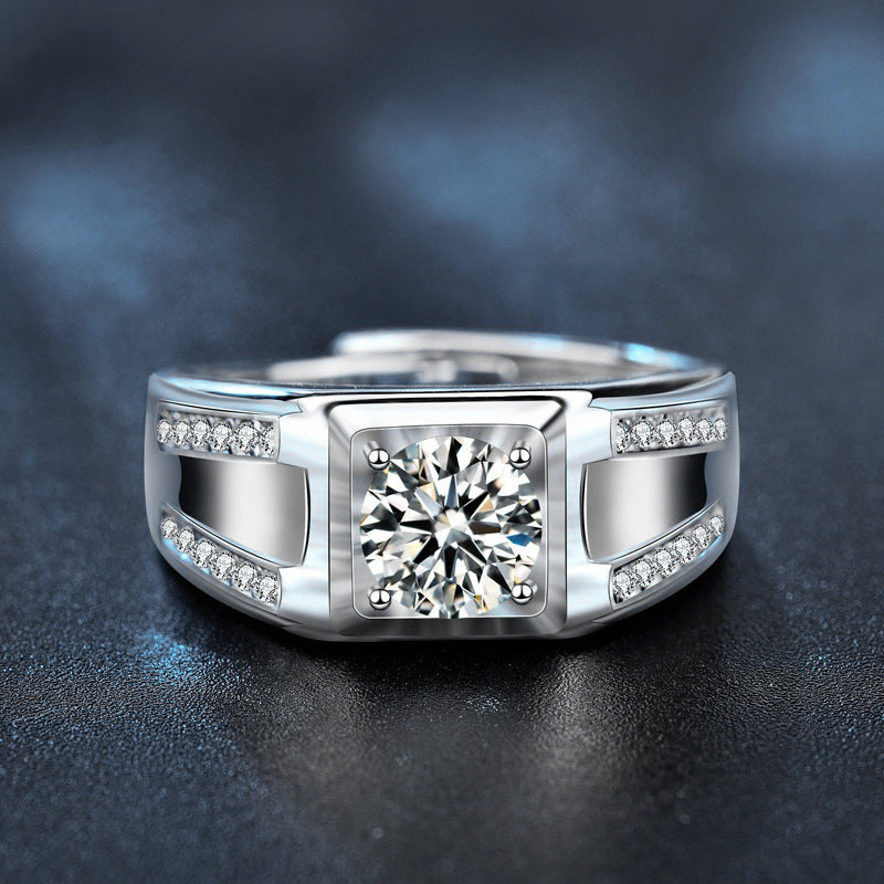 925 Pure Men's Open Ring, European and American Trendy Fashionable Moissanite Wedding Ring Engraving