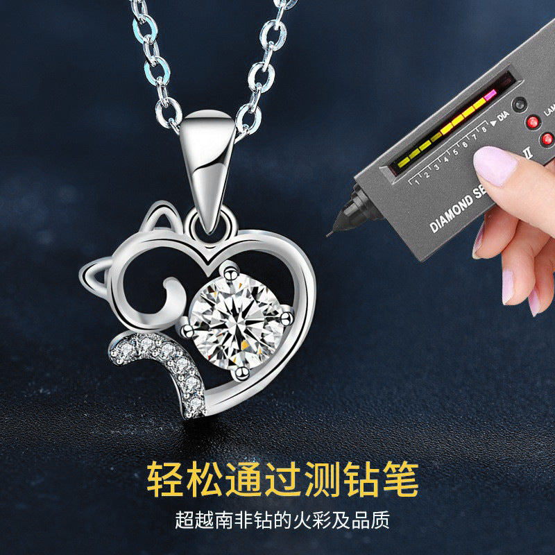 Cute Cat 925 Sterling Silver Necklace Summer Unique Moissanite Collar Pendant Jewelry Birthday Gift for Girlfriend