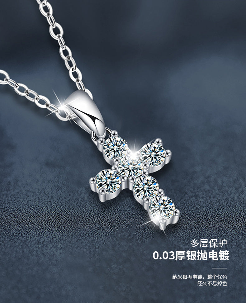 Moissanite Diamond Cross Pendant Necklace 925 Sterling Silver Designed Niche High-End Jewelry Cross-Border Wholesale