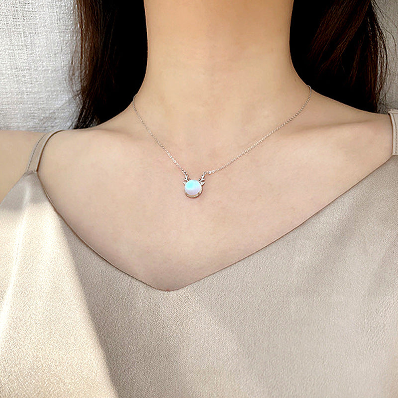Original Moonstone Necklace for Women, 925 Sterling Silver, "Deer are with You All the Way", New Christmas Forest Series Elk Necklace Jewelry, Ins style