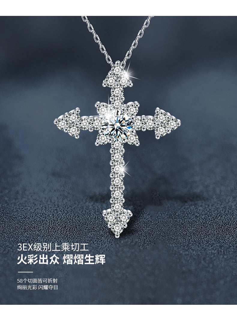 Cross-border jewelry, Moissanite S925 Sterling Silver Full Set Cross Necklace Pendant, European and American Exaggerated Moissanite Agate