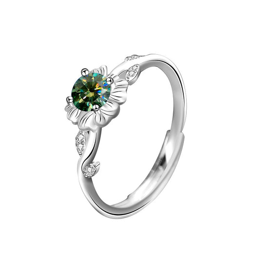 925 Sterling Silver Sunflower Ring for Women, Vintage Personalized Sunflower Open Ring, Emerald Moissanite Jewelry