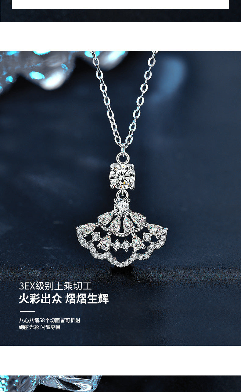 Moissanite small dress necklace for women, 925 pure silver full diamond fan pendant, unique design accessory, collar accessory
