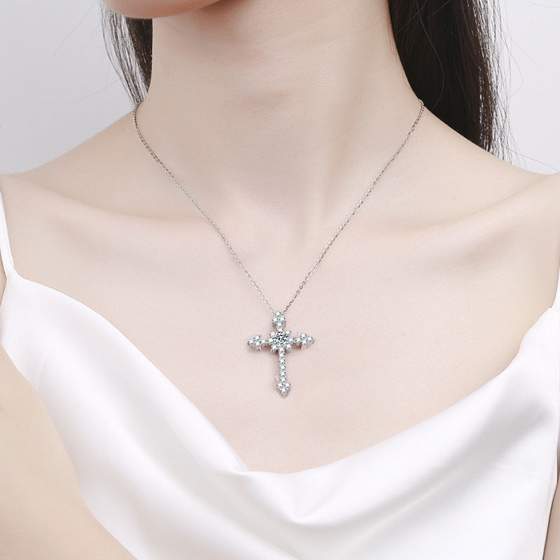 Cross-border jewelry, Moissanite S925 Sterling Silver Full Set Cross Necklace Pendant, European and American Exaggerated Moissanite Agate
