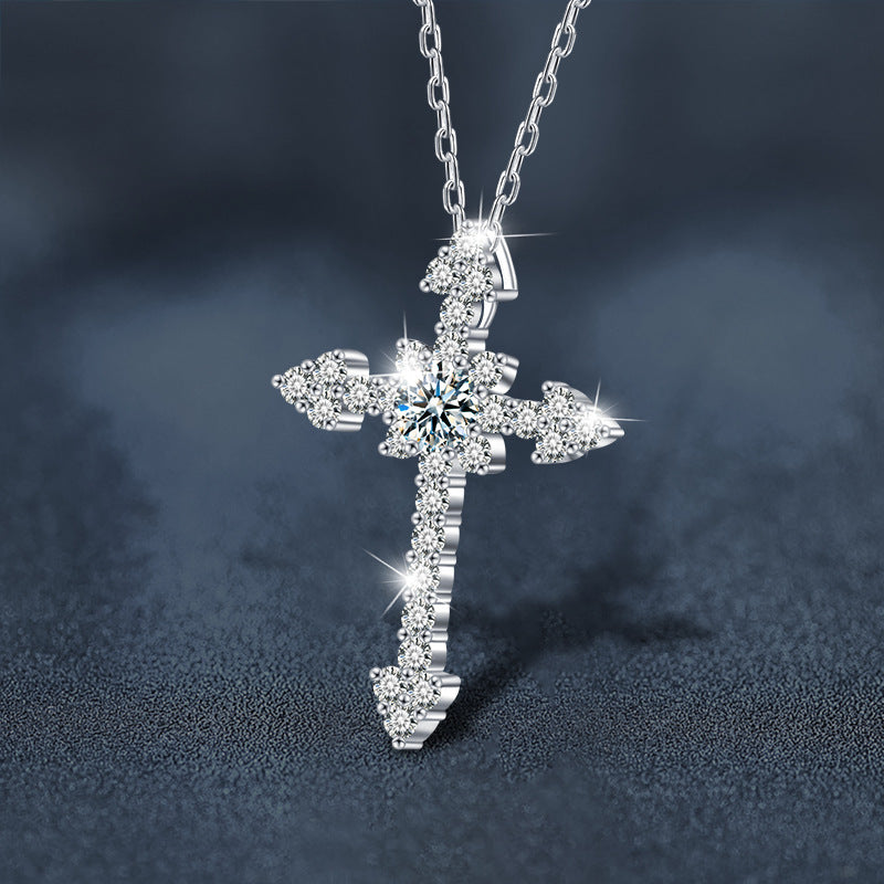 Cross-border jewelry, Moissanite S925 Sterling Silver Full Set Cross Necklace Pendant, European and American Exaggerated Moissanite Agate