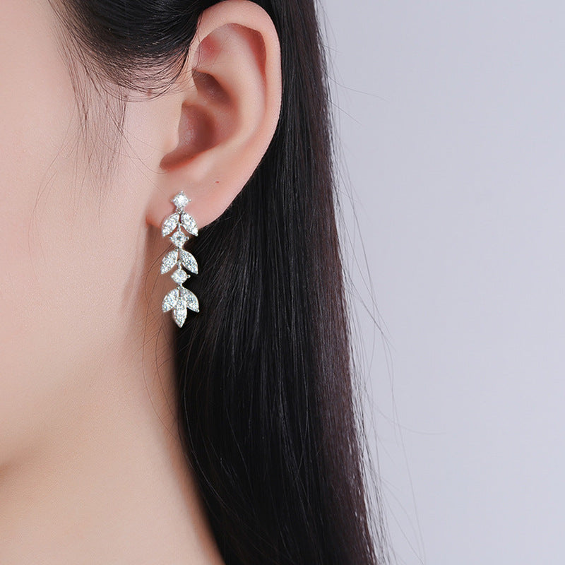 Cross-border Moissanite Leaf Tassel Earrings s925 Silver Earrings Sterling Silver High-end 2024 New Earrings Jewelry