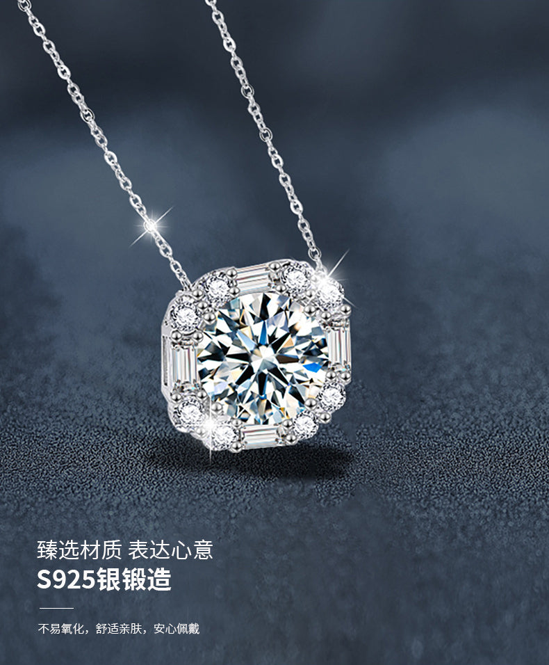S925 Sterling Silver Sugar Cube Necklace, Designer Moissanite Pendant, Autumn/Winter Jewelry, Cross-border European and American Fashion Clavicle Chain