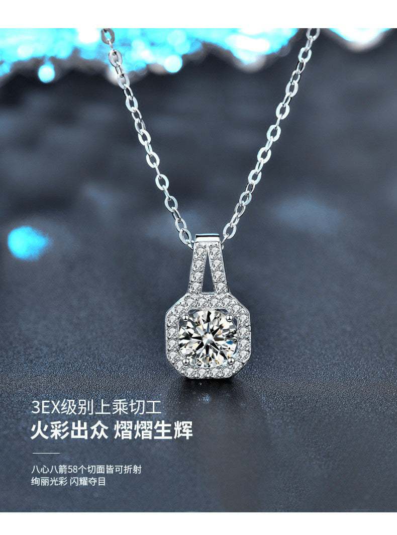 Moissanite 925 silver necklace, In style princess square pendant, summer European and American square silver accessory