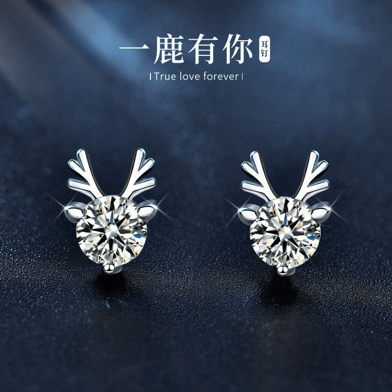 莫桑钻一鹿有你圣诞耳钉批发925纯银麋鹿耳环饰品ins气质可爱耳饰