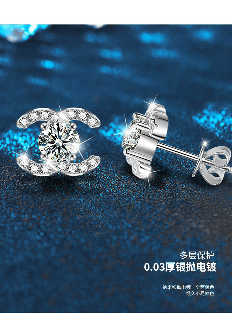 莫桑石耳钉925纯银高级感简约气质风双C耳环欧美跨境饰品