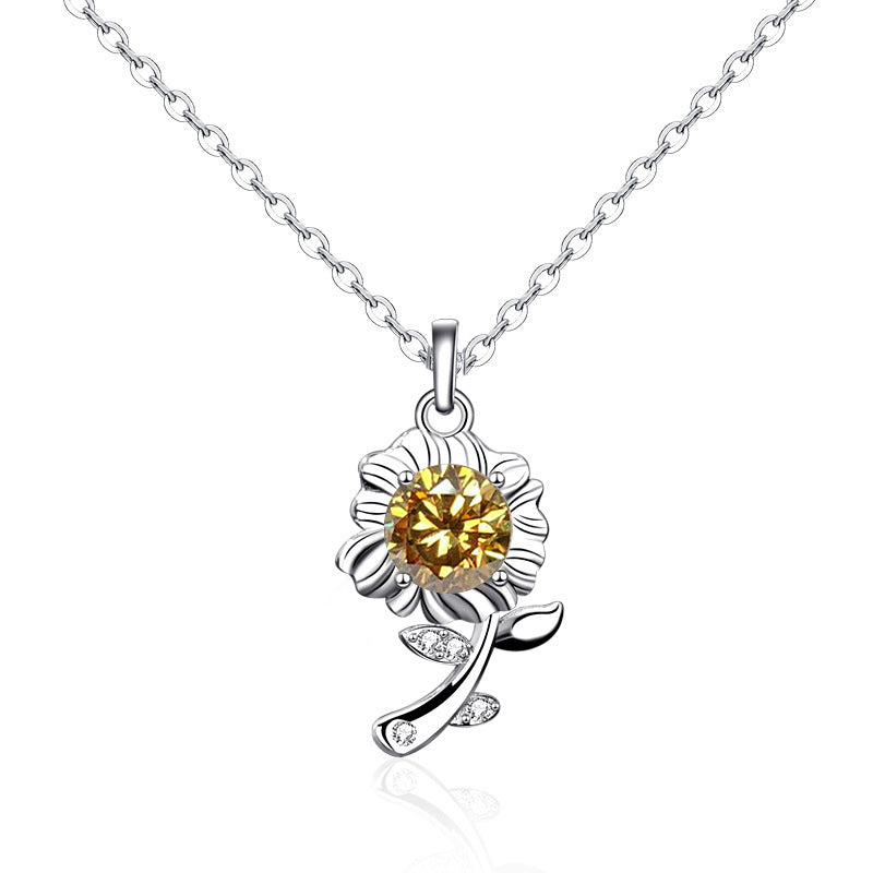 Original 925 Sterling Silver Necklace Green Moissanite Sunflower Pendant Necklace Valentine's Day Gift
