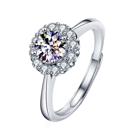 925 Sterling Silver Sunflower Ring Women's European and American Fashion Four-Claw Open Moissanite Diamond Ring Simulated Diamond Finger Ring