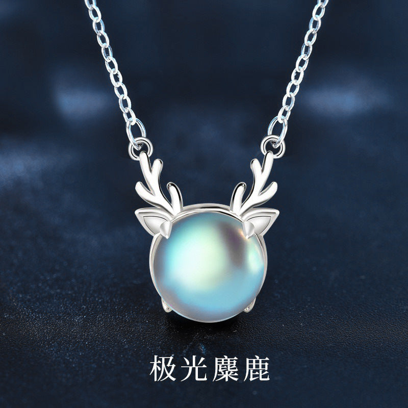 Original Moonstone Necklace for Women, 925 Sterling Silver, "Deer are with You All the Way", New Christmas Forest Series Elk Necklace Jewelry, Ins style