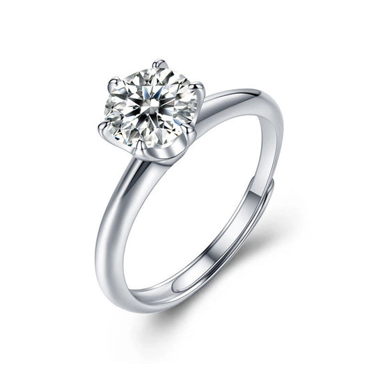 European and American Cross-border Moissanite Crown Ring 1-2 Carat 925 Sterling Silver Adjustable Opening Simple Six-Claw Women's Ring Platinum Wedding