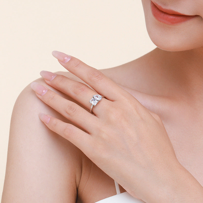 Cross-border jewelry moissanite double stone ring for women 925 pure silver square drop exaggerated ring European and American silver jewelry wholesale