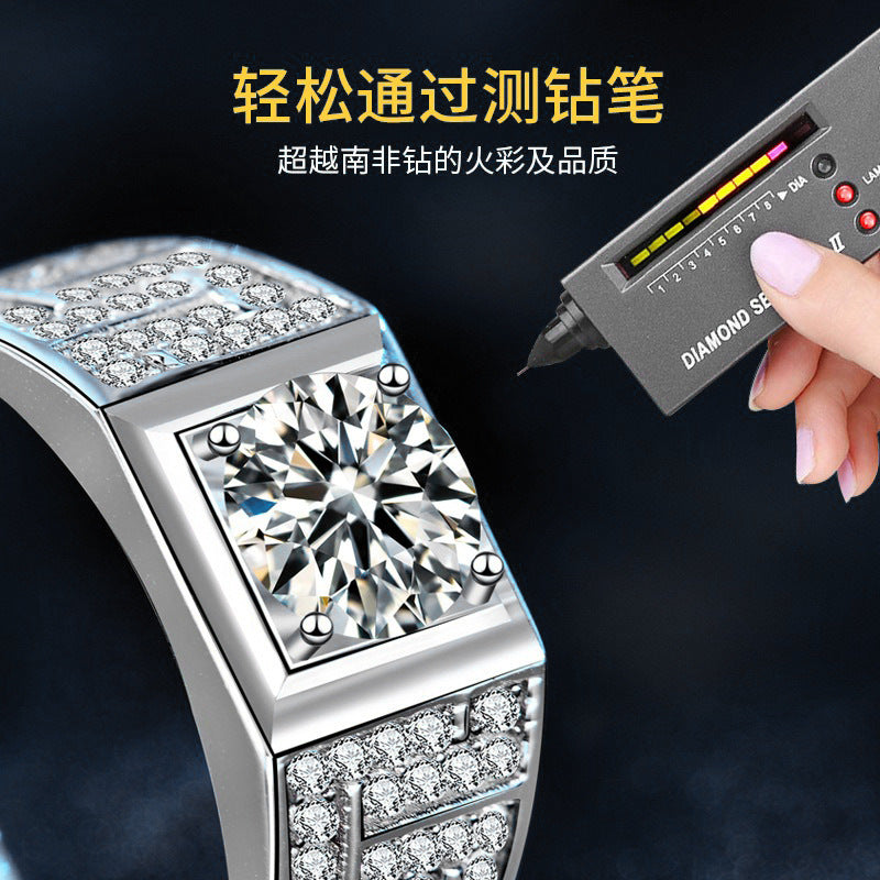 925 Sterling Silver Ring Men's Diamond Ring Cross-border European and American Hip-hop Open Ring Moissanite Men's Ring Non-fading High-end