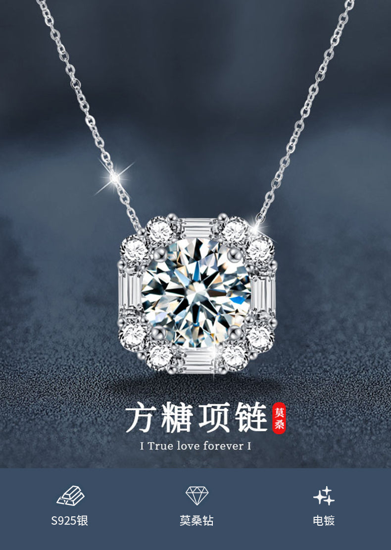 S925 Sterling Silver Sugar Cube Necklace, Designer Moissanite Pendant, Autumn/Winter Jewelry, Cross-border European and American Fashion Clavicle Chain
