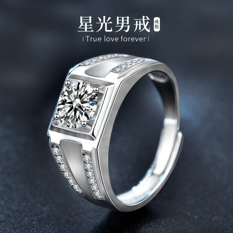 925 Pure Men's Open Ring, European and American Trendy Fashionable Moissanite Wedding Ring Engraving
