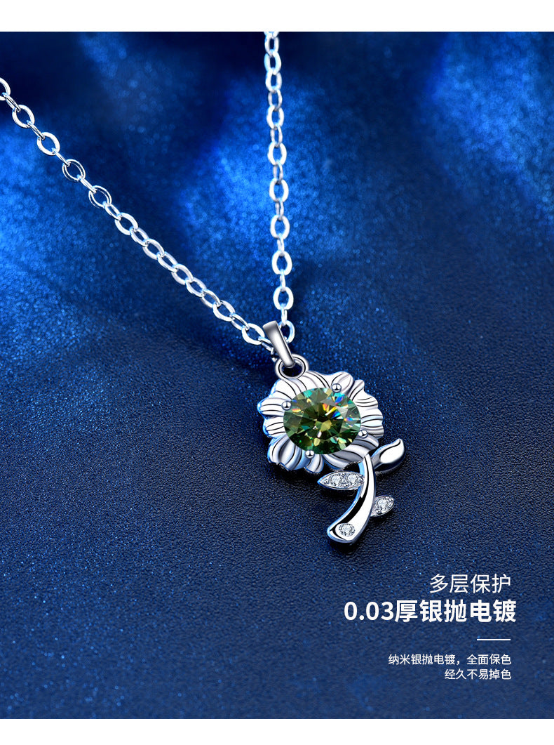 Original 925 Sterling Silver Necklace Green Moissanite Sunflower Pendant Necklace Valentine's Day Gift