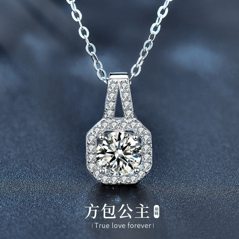 Moissanite 925 silver necklace, In style princess square pendant, summer European and American square silver accessory