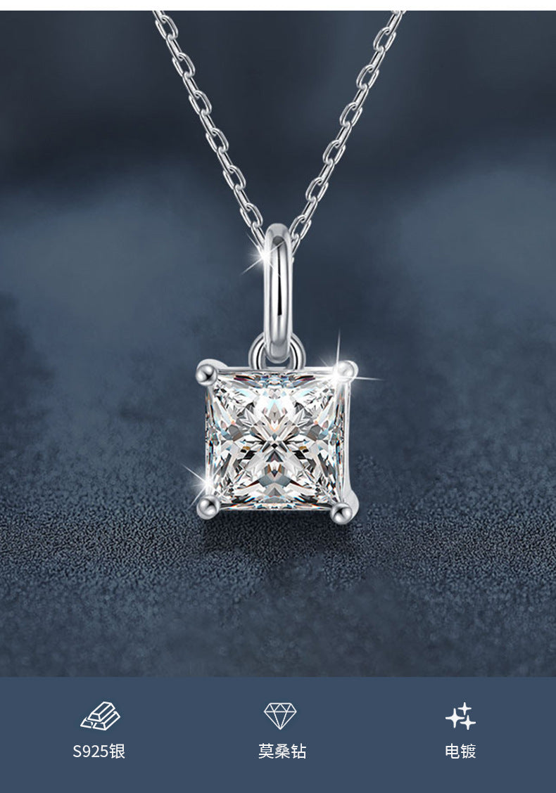 Cross-border jewelry moissanite princess cut necklace for women, 925 pure silver collar chain, ins trendy unique minimalist pendant