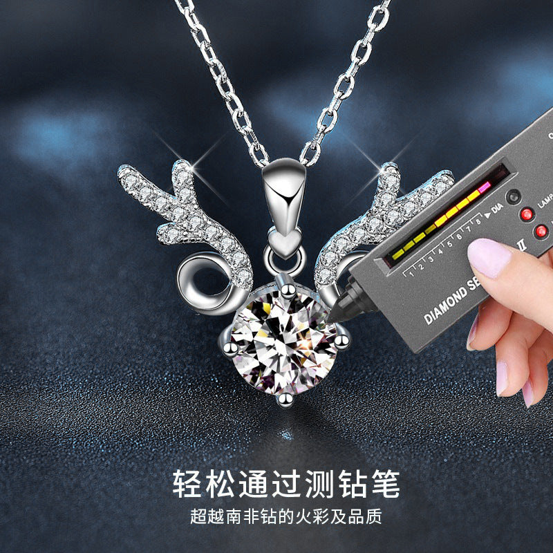 "All the Way Deer" 925 Sterling Silver Moissanite Pendant Necklace Women's INS Simple Clavicle Chain Christmas Gift Jewelry